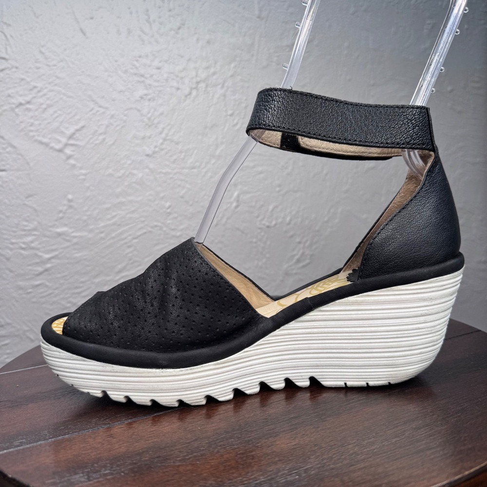 Fly London Yake Women's Size 38 (US sz 7) Perforated Leather Wedge Sandals Black - Picture 7 of 11